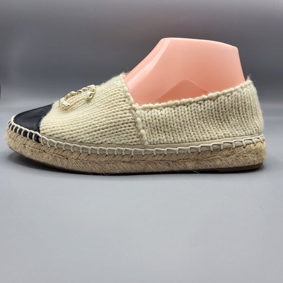Chanel Beige Knit & Black Leather Espadrilles Size 37 B G29762 Made in Spain - Picture 15 of 16